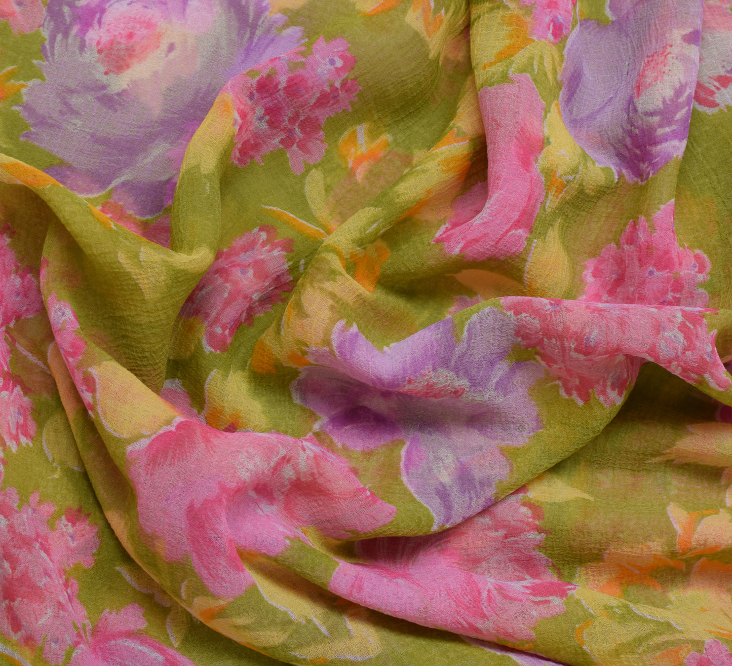 Sushila Vintage Green Saree Blend Chiffon Silk Printed Floral Sari Craft Fabric