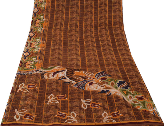 Sushila Vintage Brown Saree Blend Georgette Silk Printed Floral Craft Fabric