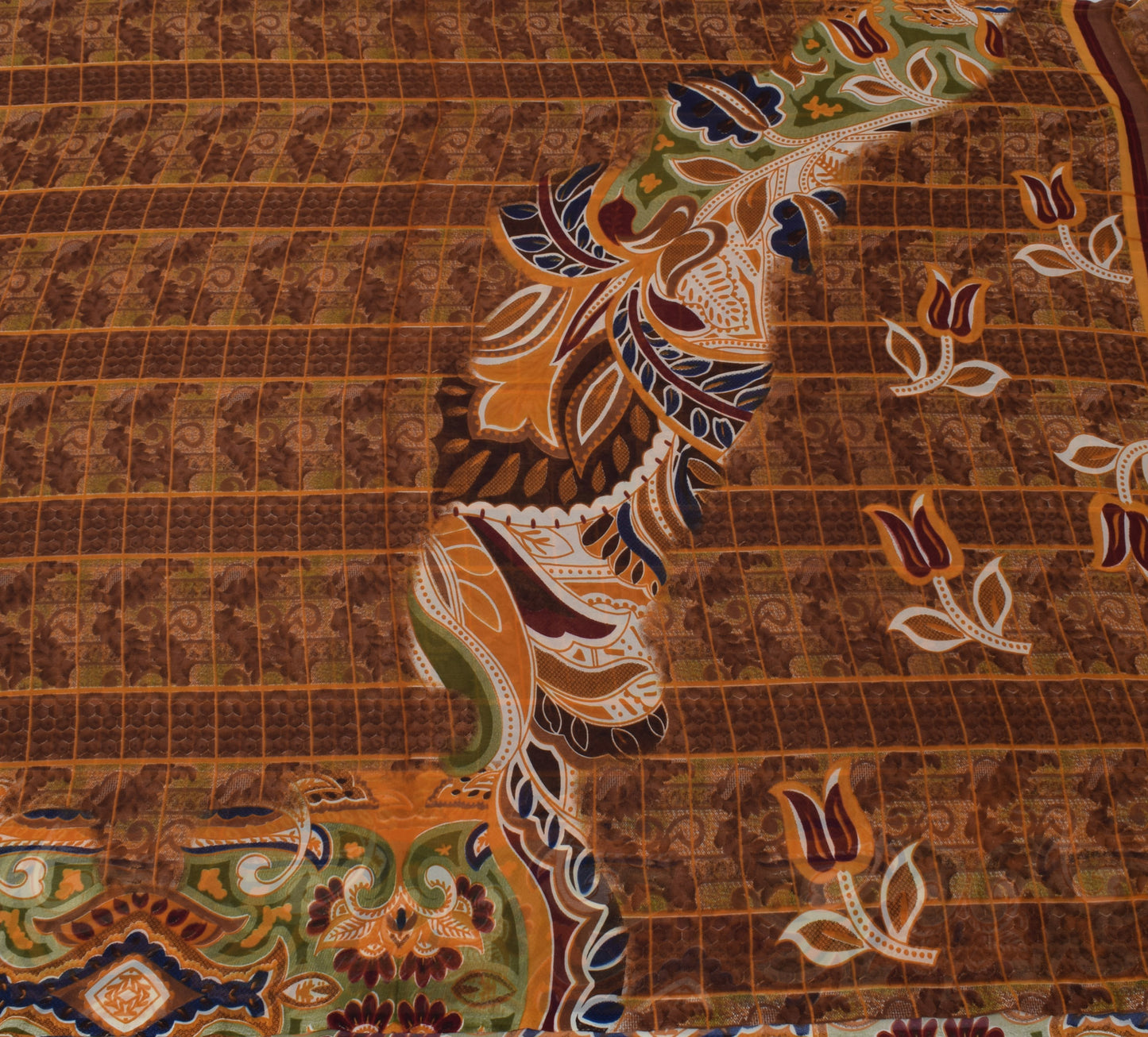 Sushila Vintage Brown Saree Blend Georgette Silk Printed Floral Craft Fabric