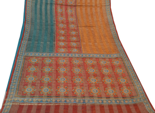 Sushila Vintage Multi-Color Sari Pure Georgette Silk Woven Printed Craft Fabric