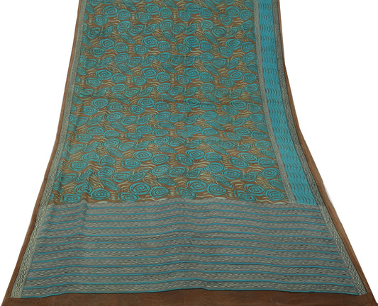 Sushila Vintage Brown Sari 100% Pure Georgette Silk Printed Indian Craft Fabric