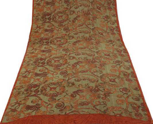 Sushila Vintage Brown Saree 100% Pure Georgette Silk Printed Floral Craft Fabric