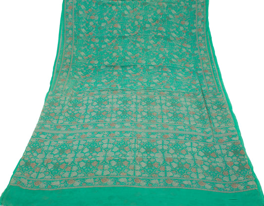 Sushila Vintage Green Saree 100% Pure Georgette Silk Printed Floral Craft Fabric