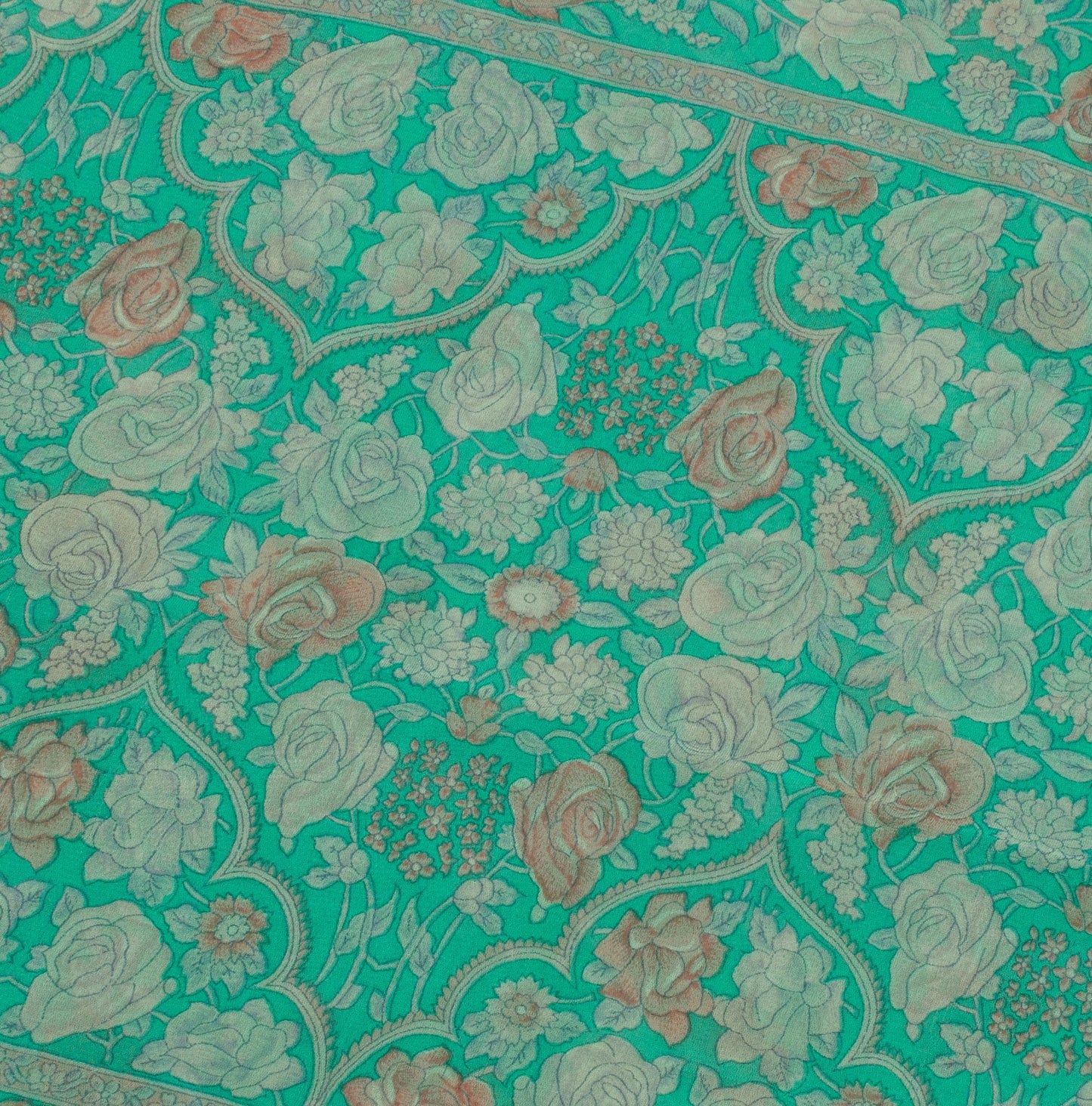 Sushila Vintage Green Saree 100% Pure Georgette Silk Printed Floral Craft Fabric