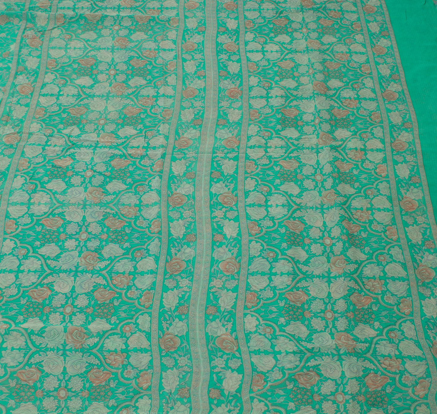 Sushila Vintage Green Saree 100% Pure Georgette Silk Printed Floral Craft Fabric