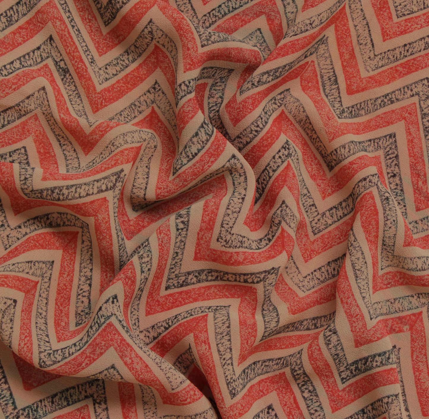 Sushila Vintage Cream Sari 100% Pure Georgette Silk Printed Zig-Zag Craft Fabric