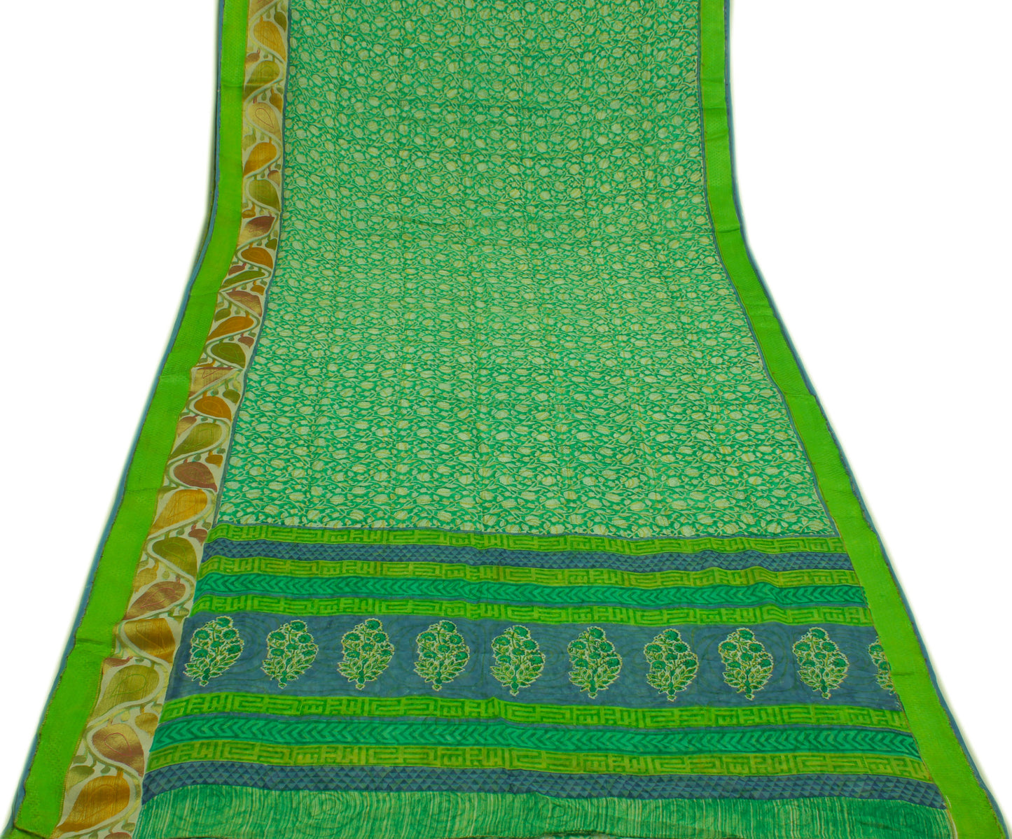 Sushila Vintage Green Saree 100% Pure Georgette Silk Printed Floral Craft Fabric