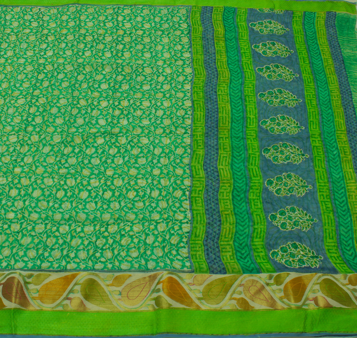 Sushila Vintage Green Saree 100% Pure Georgette Silk Printed Floral Craft Fabric