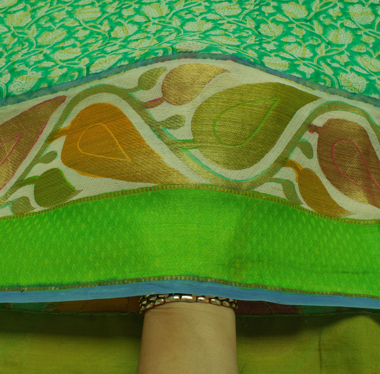 Sushila Vintage Green Saree 100% Pure Georgette Silk Printed Floral Craft Fabric