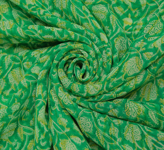 Sushila Vintage Green Saree 100% Pure Georgette Silk Printed Floral Craft Fabric