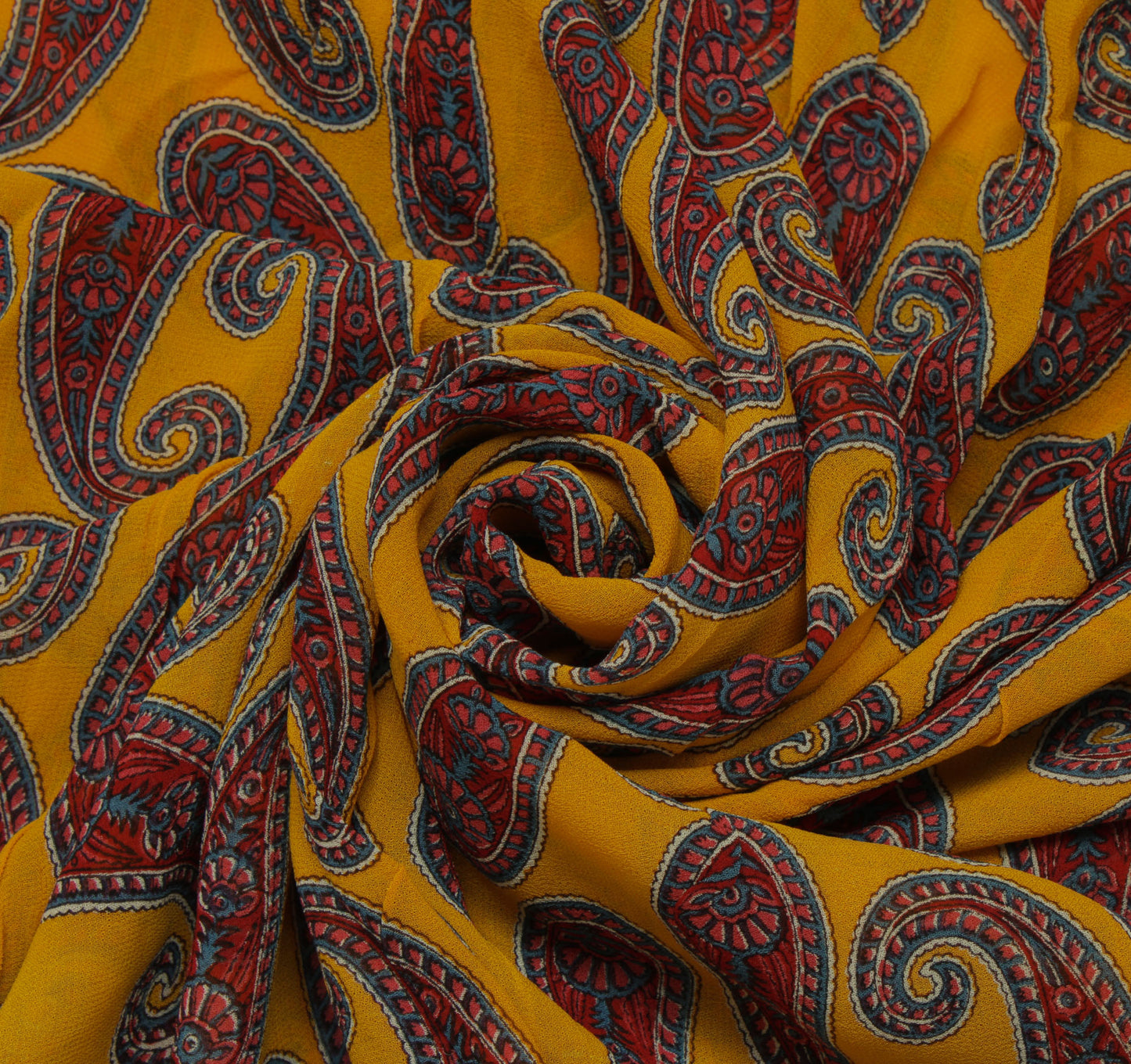 Sushila Vintage Mustard Sari Pure Georgette Silk Printed Paisley Craft Fabric