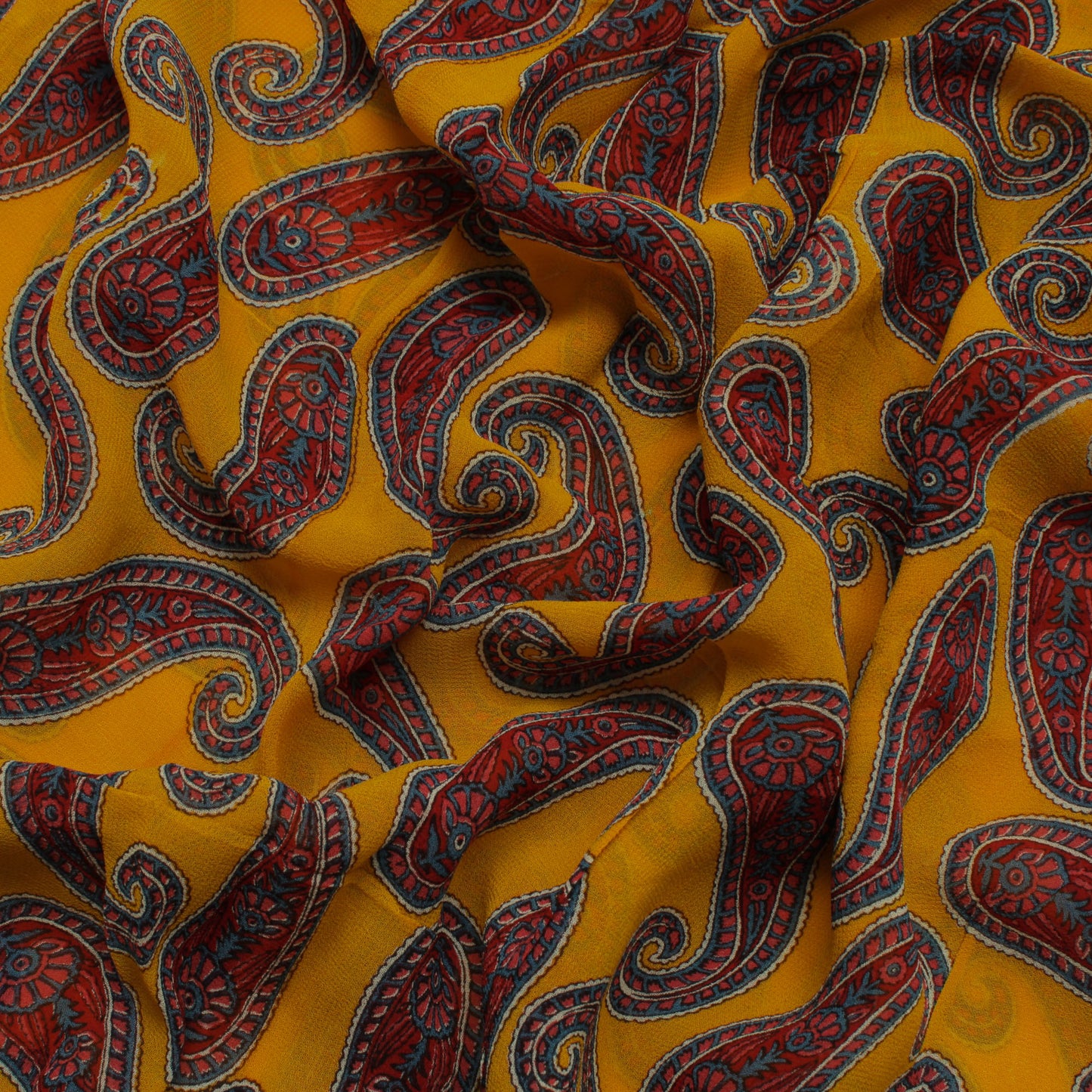 Sushila Vintage Mustard Sari Pure Georgette Silk Printed Paisley Craft Fabric