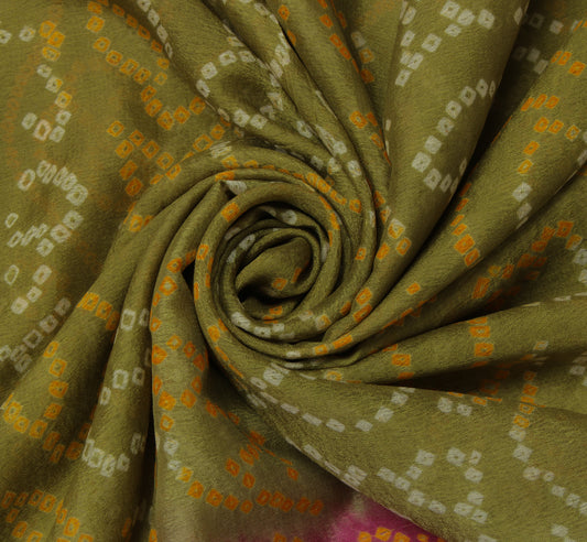 Sushila Vintage Green Sari Pure Georgette Silk Bandhani Printed Craft Fabric