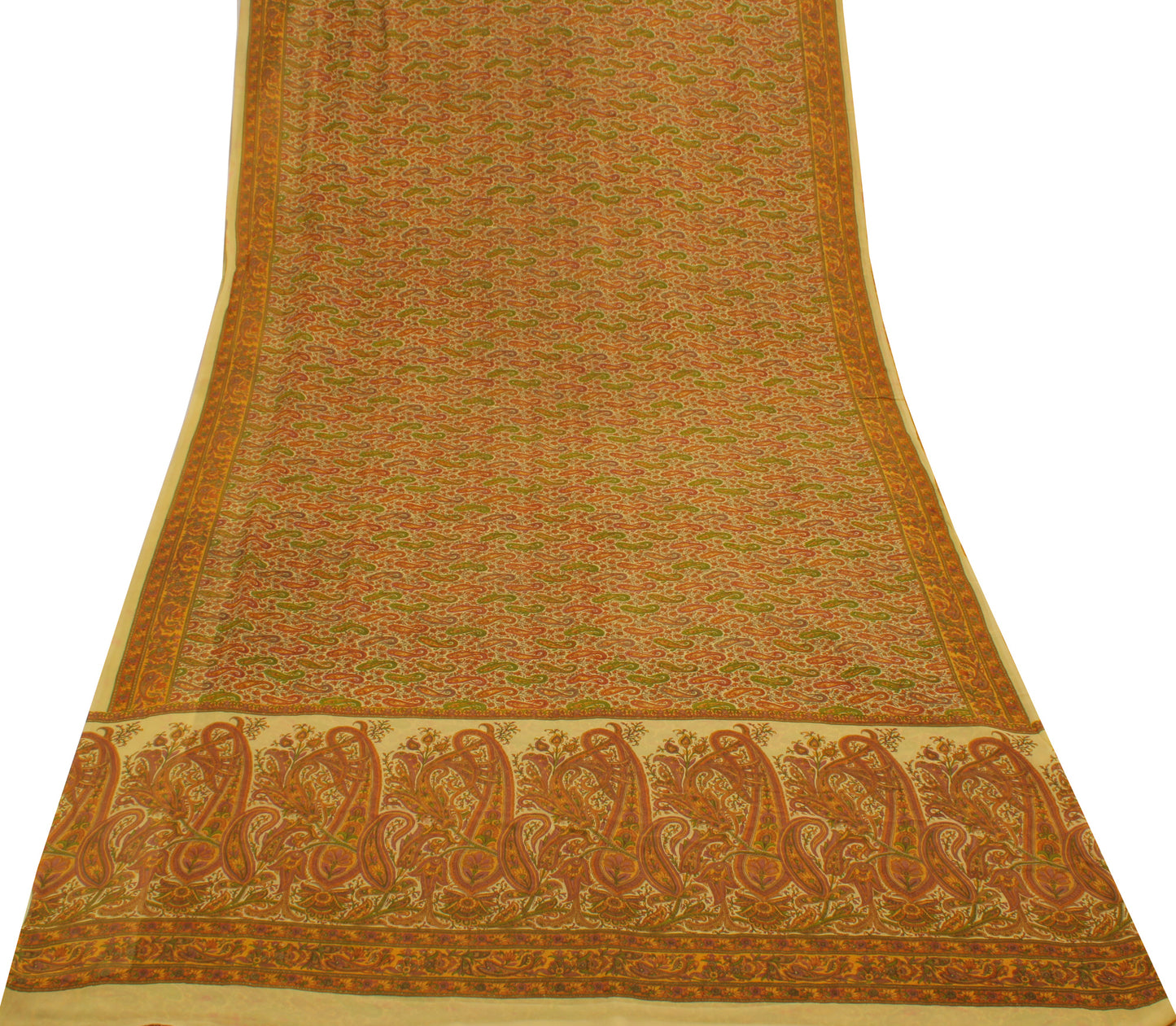 Sushila Vintage Cream Sari 100% Pure Georgette Silk Printed Paisley Craft Fabric