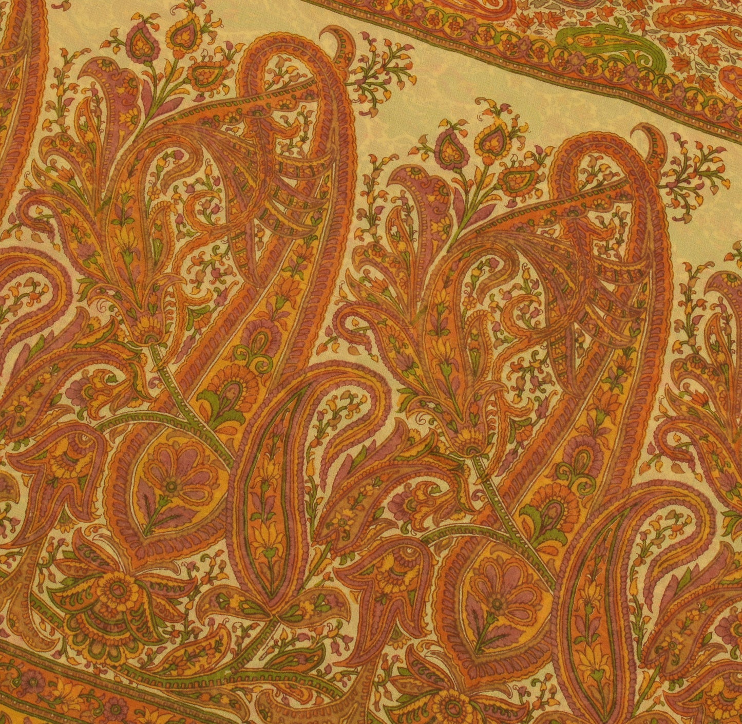 Sushila Vintage Cream Sari 100% Pure Georgette Silk Printed Paisley Craft Fabric