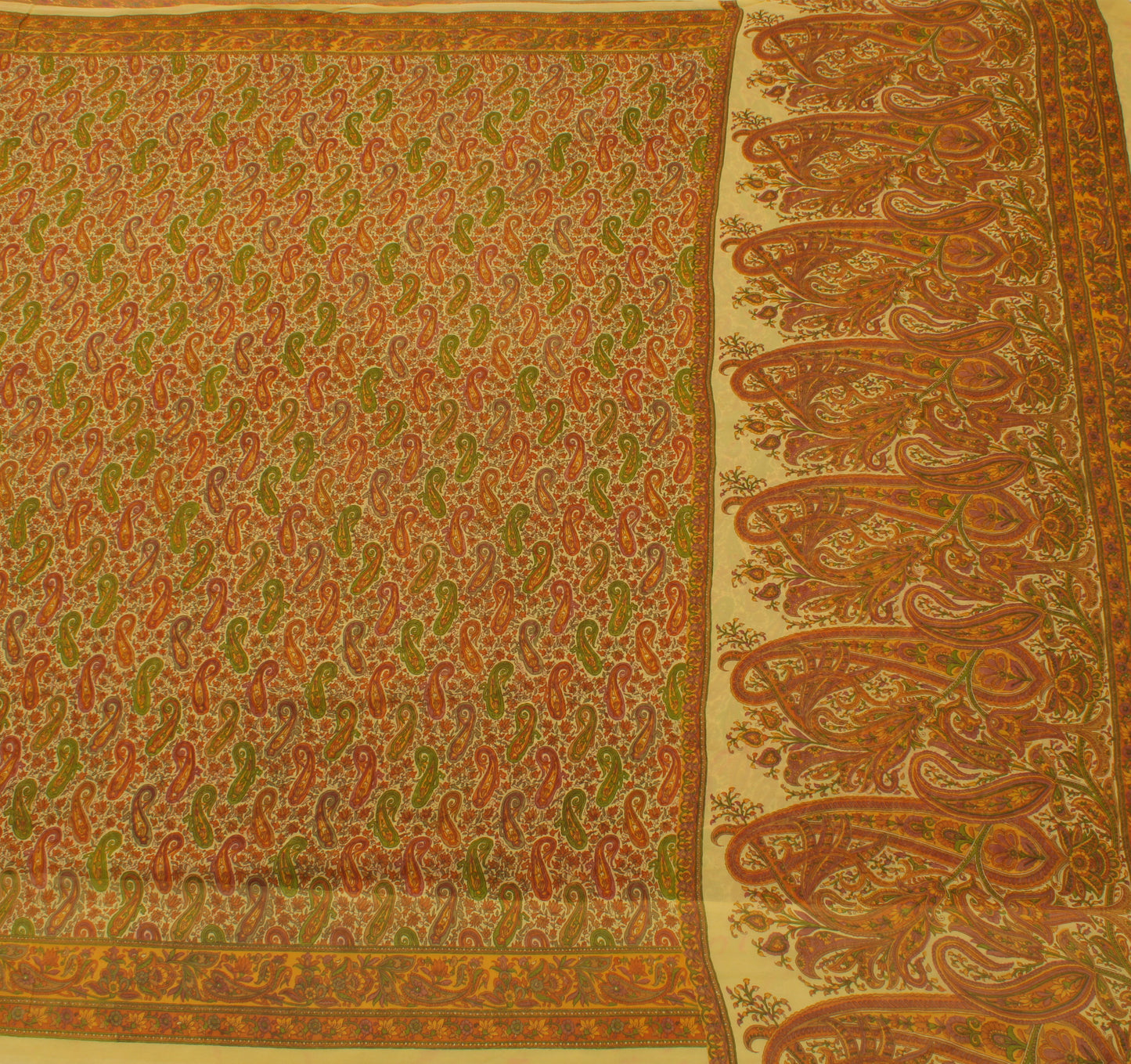 Sushila Vintage Cream Sari 100% Pure Georgette Silk Printed Paisley Craft Fabric