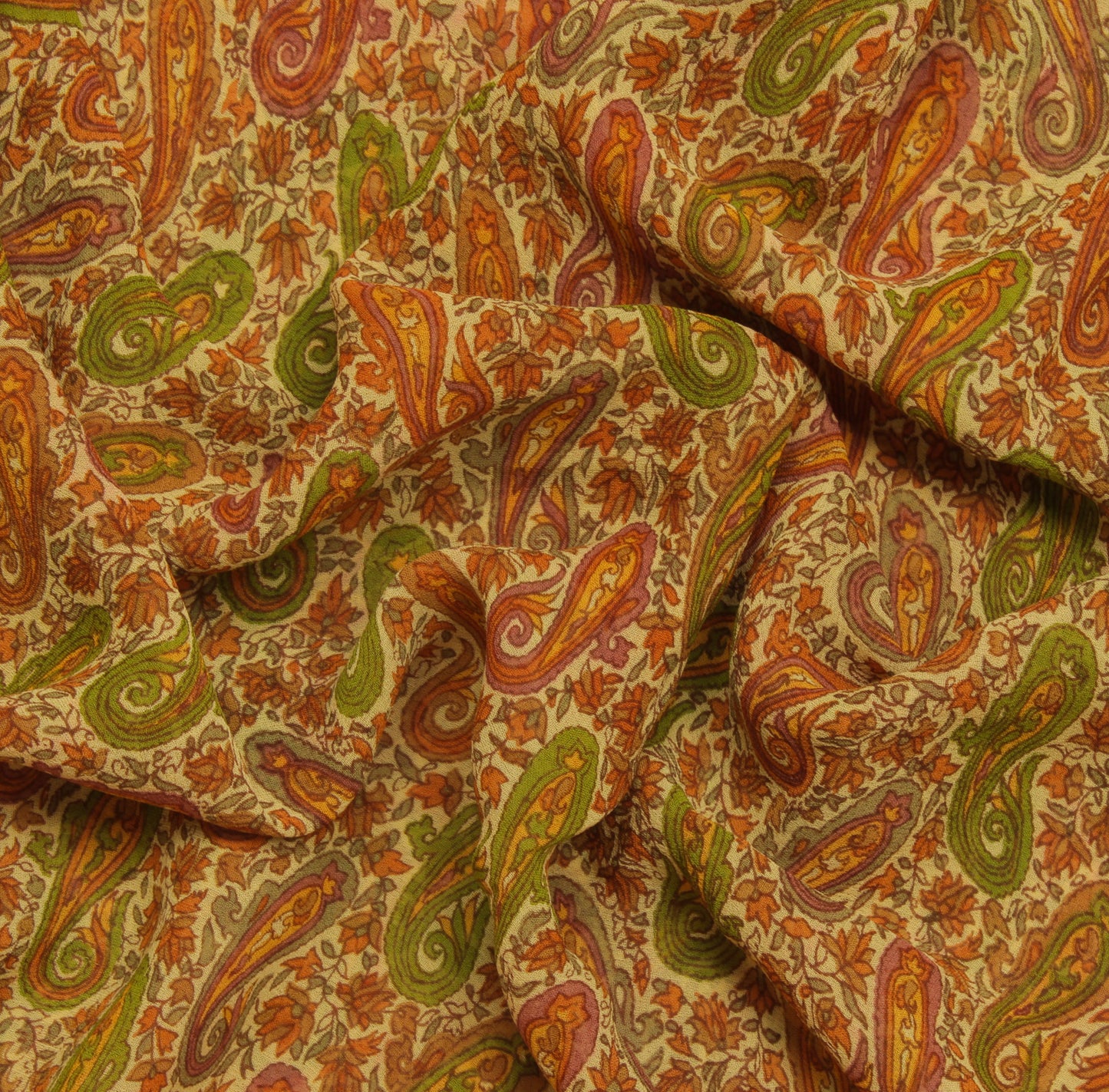 Sushila Vintage Cream Sari 100% Pure Georgette Silk Printed Paisley Craft Fabric