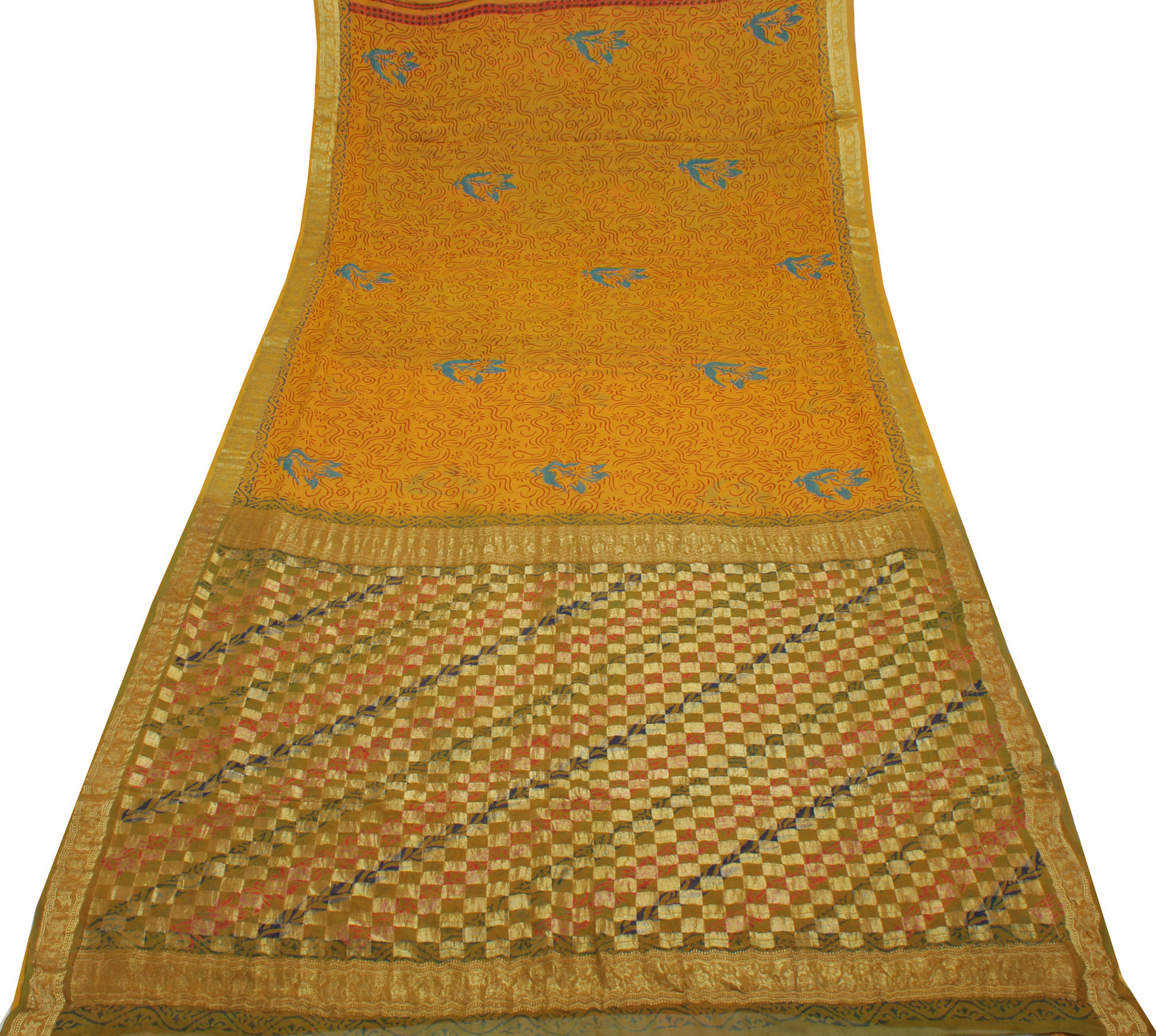 Sushila Vintage Mustard Sari100% Pure Georgette Silk Printed Woven Craft Fabric