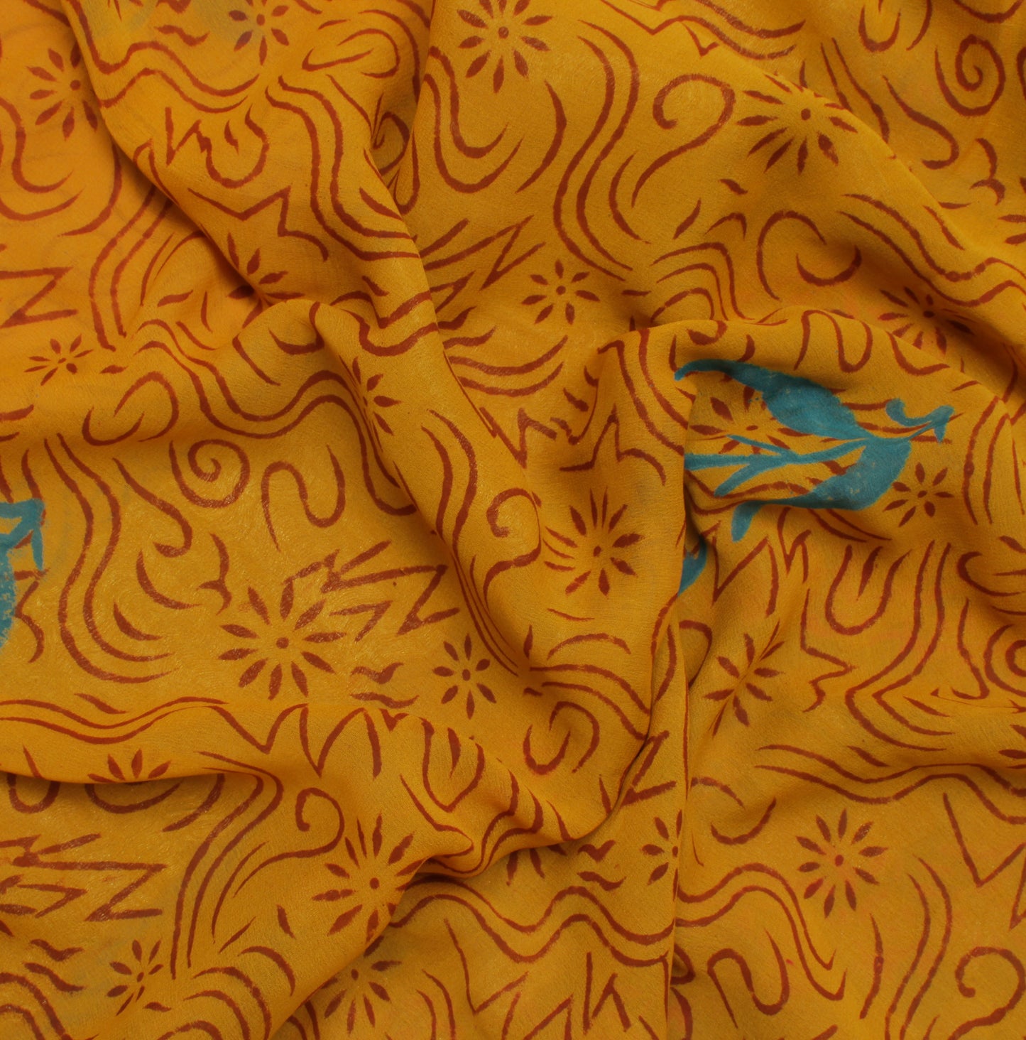 Sushila Vintage Mustard Sari100% Pure Georgette Silk Printed Woven Craft Fabric