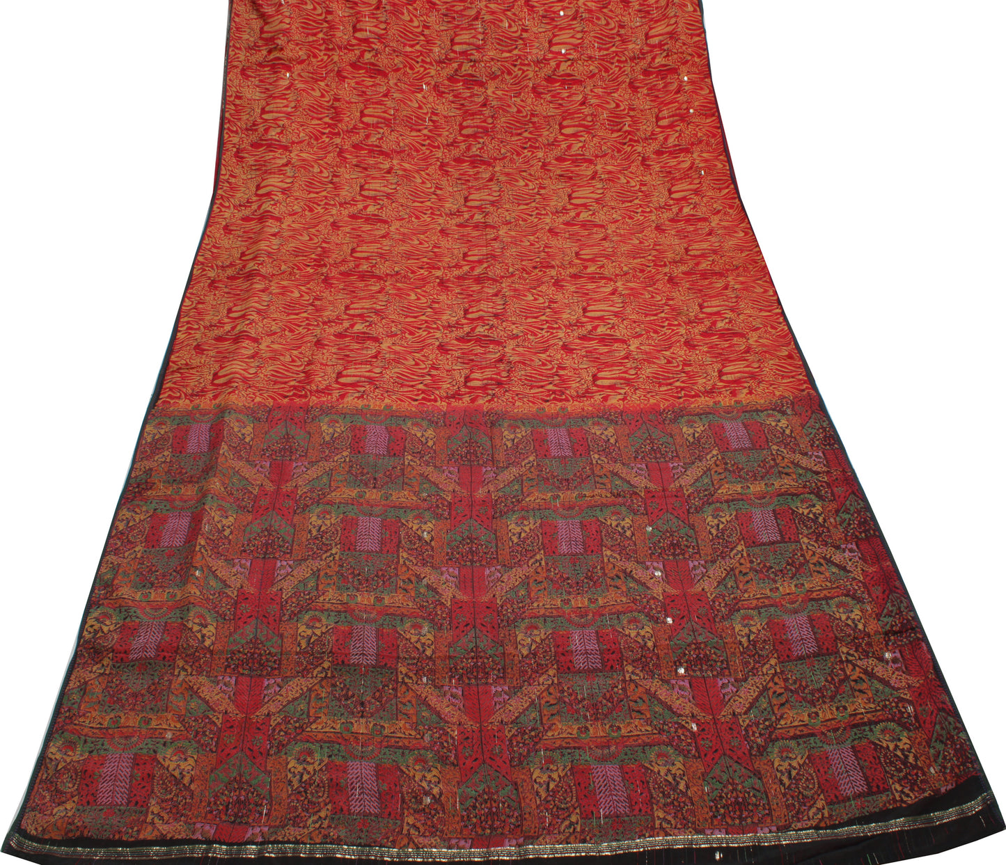 Sushila Vintage Red Indian Saree 100% Pure Georgette Silk Printed Craft Fabric