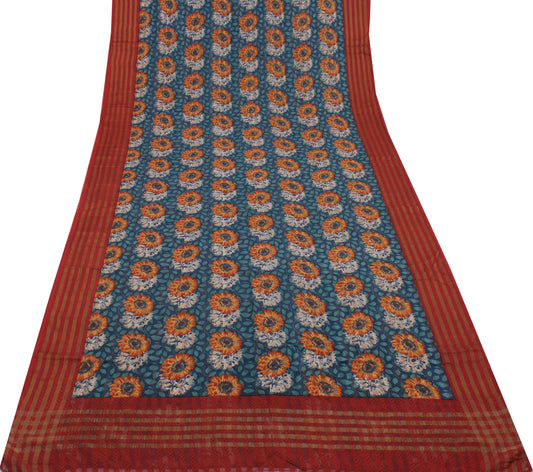 Sushila Vintage Blue Saree 100% Pure Georgette Silk Printed Floral Craft Fabric