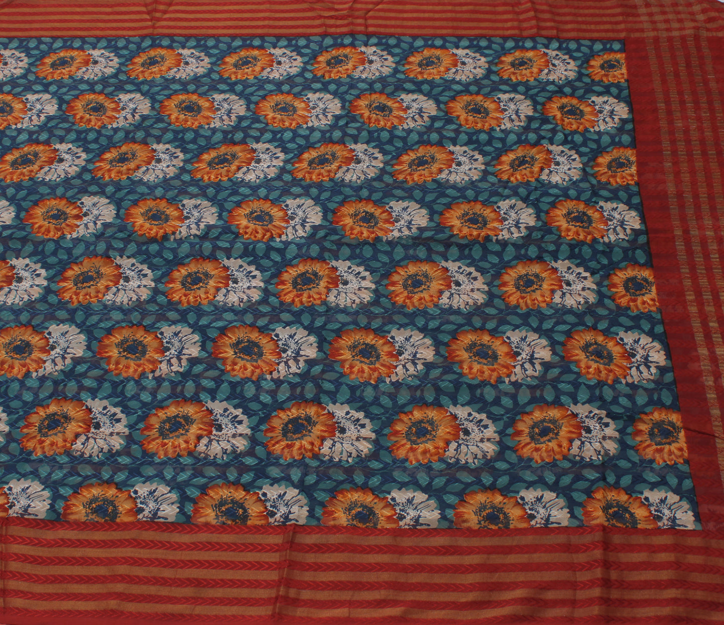 Sushila Vintage Blue Saree 100% Pure Georgette Silk Printed Floral Craft Fabric