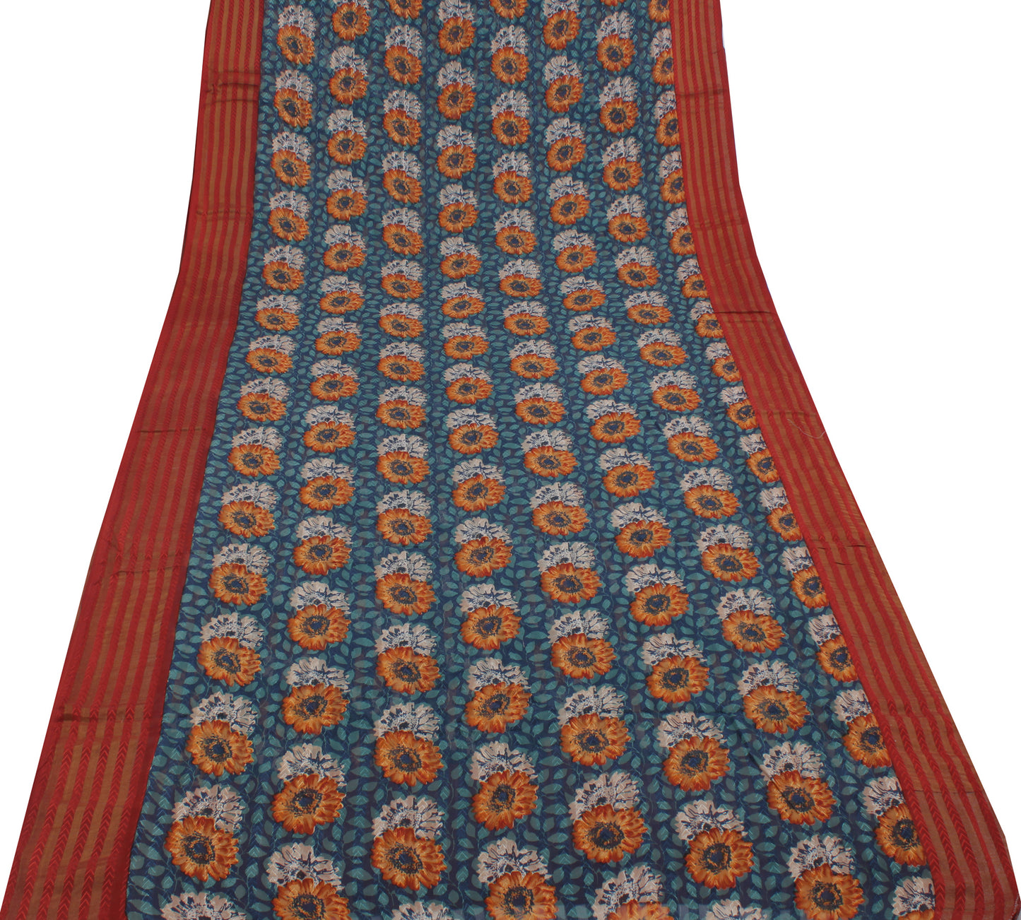 Sushila Vintage Blue Saree 100% Pure Georgette Silk Printed Floral Craft Fabric