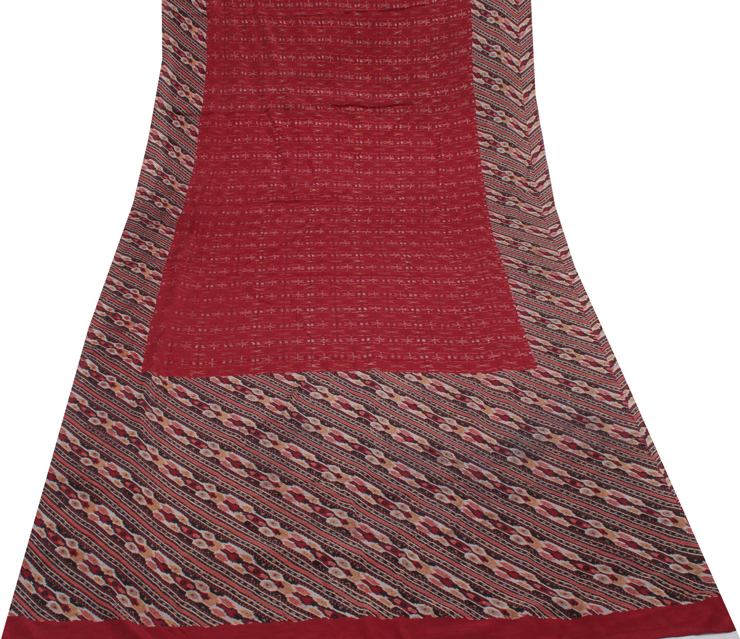 Sushila Vintage Red Indian Saree 100% Pure Georgette Silk Printed Craft Fabric