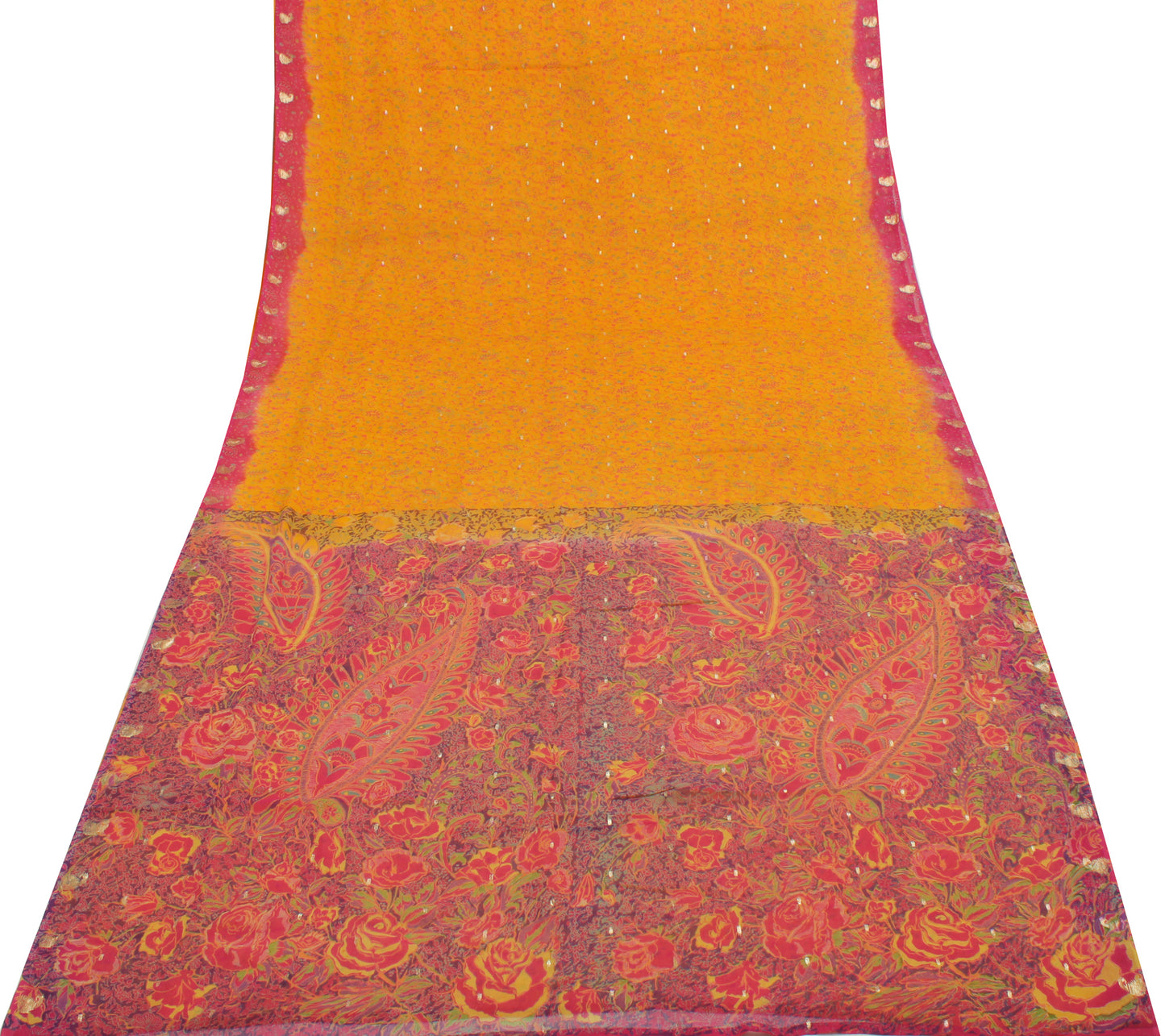 Sushila Vintage Yellow Sari 100% Pure Georgette Silk Printed Floral Craft Fabric