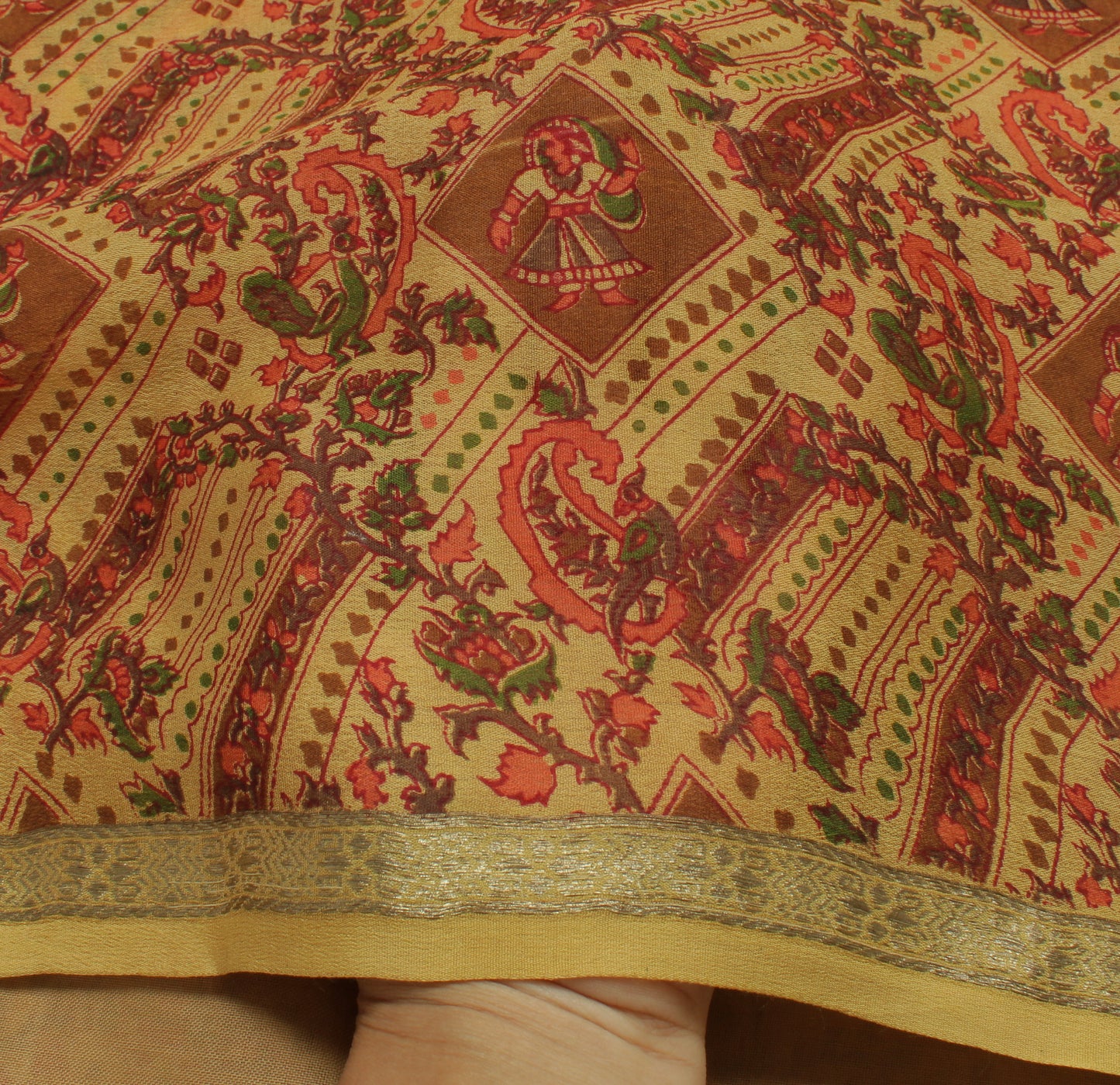 Sushila Vintage Light Brown Saree 100% Pure Georgette Silk Printed Craft Fabric