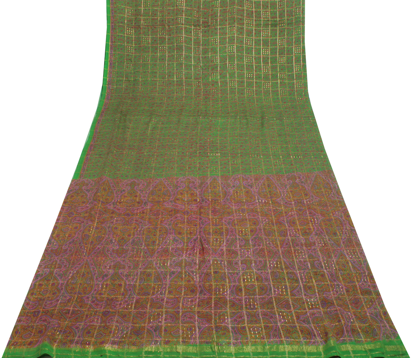 Sushila Vintage Green Sari 100% Pure Georgette Silk Printed Paisley Craft Fabric