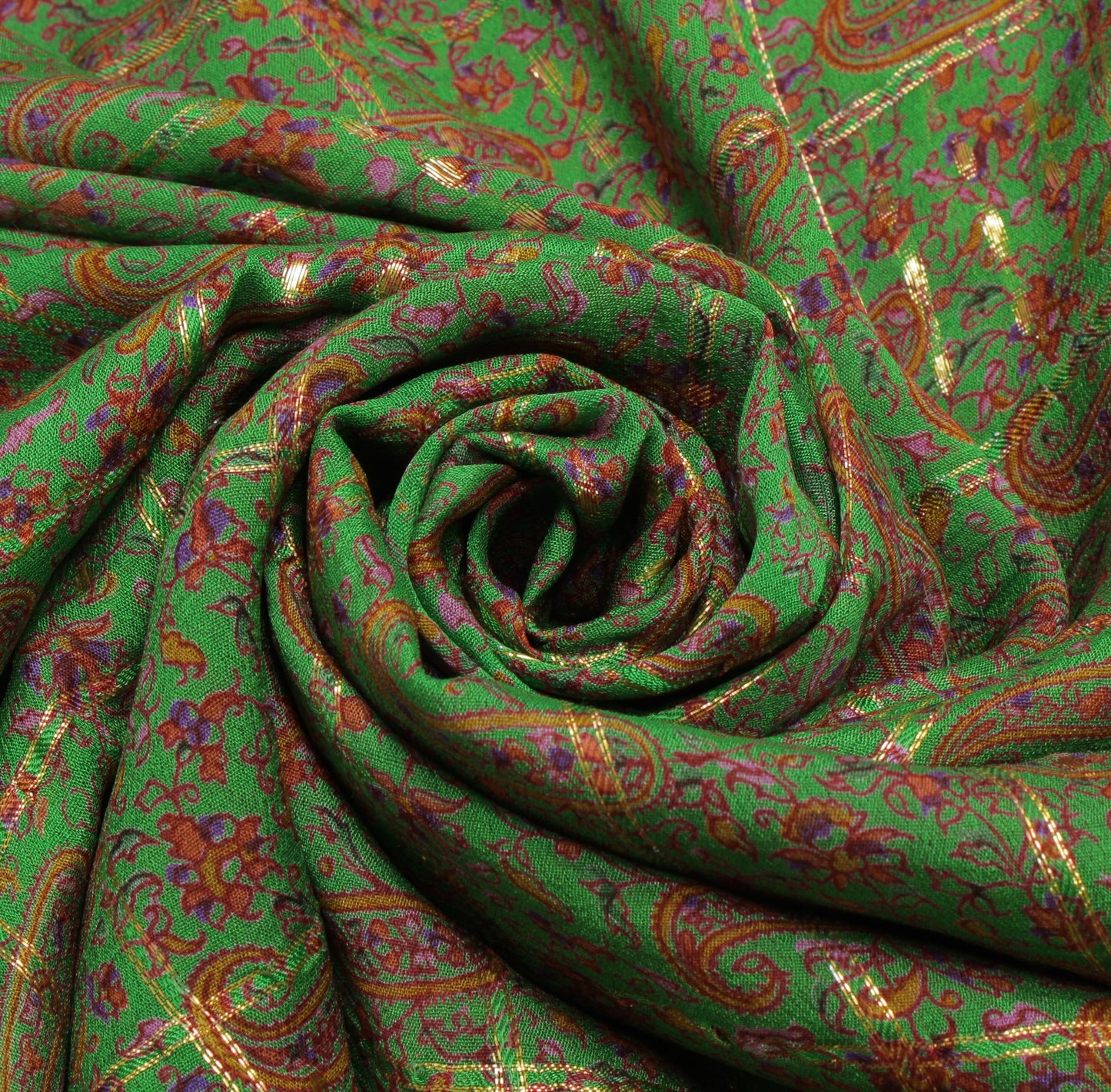 Sushila Vintage Green Sari 100% Pure Georgette Silk Printed Paisley Craft Fabric