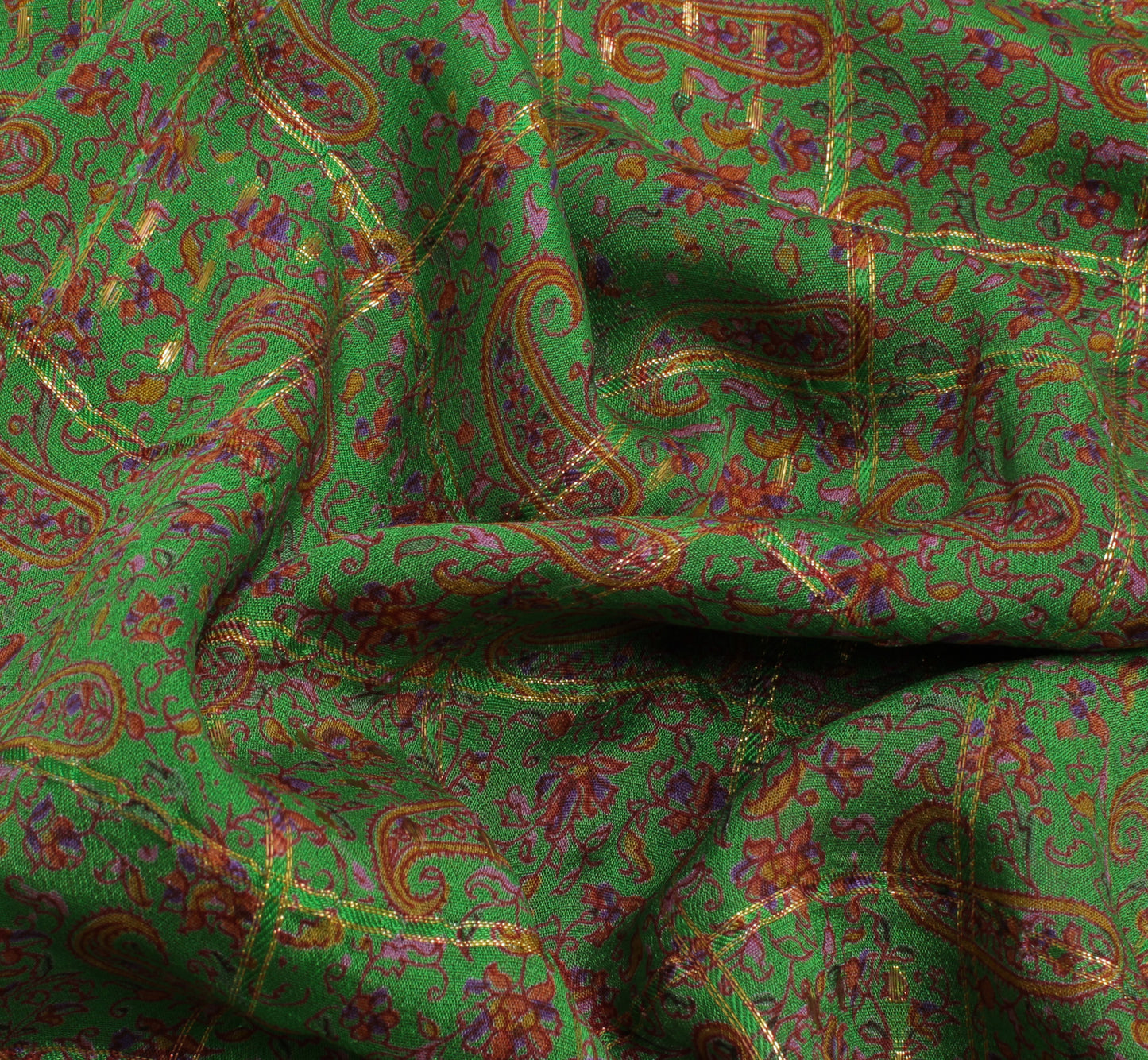 Sushila Vintage Green Sari 100% Pure Georgette Silk Printed Paisley Craft Fabric