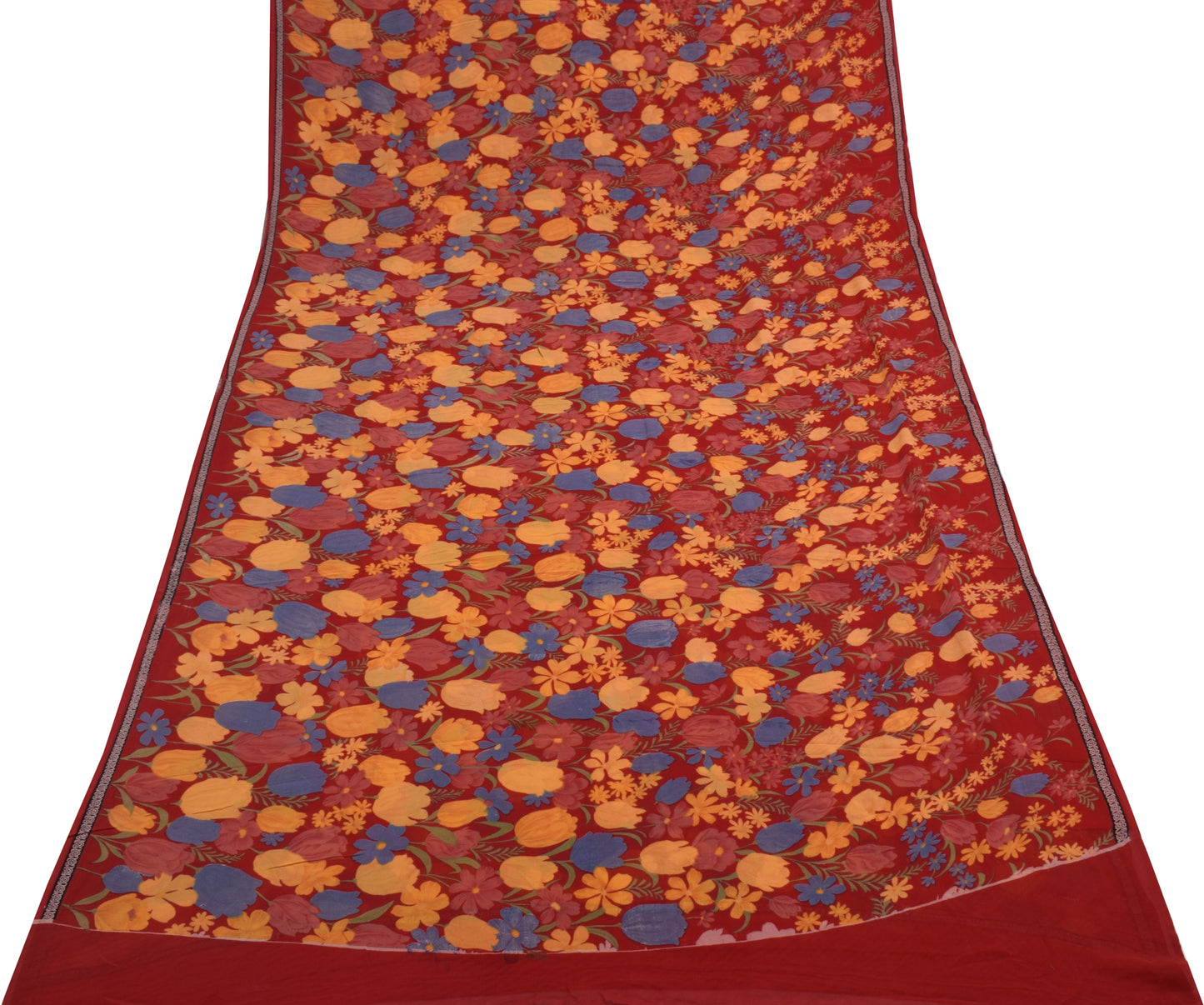 Sushila Vintage Red Saree 100% Pure Georgette Silk Printed Floral Craft Fabric