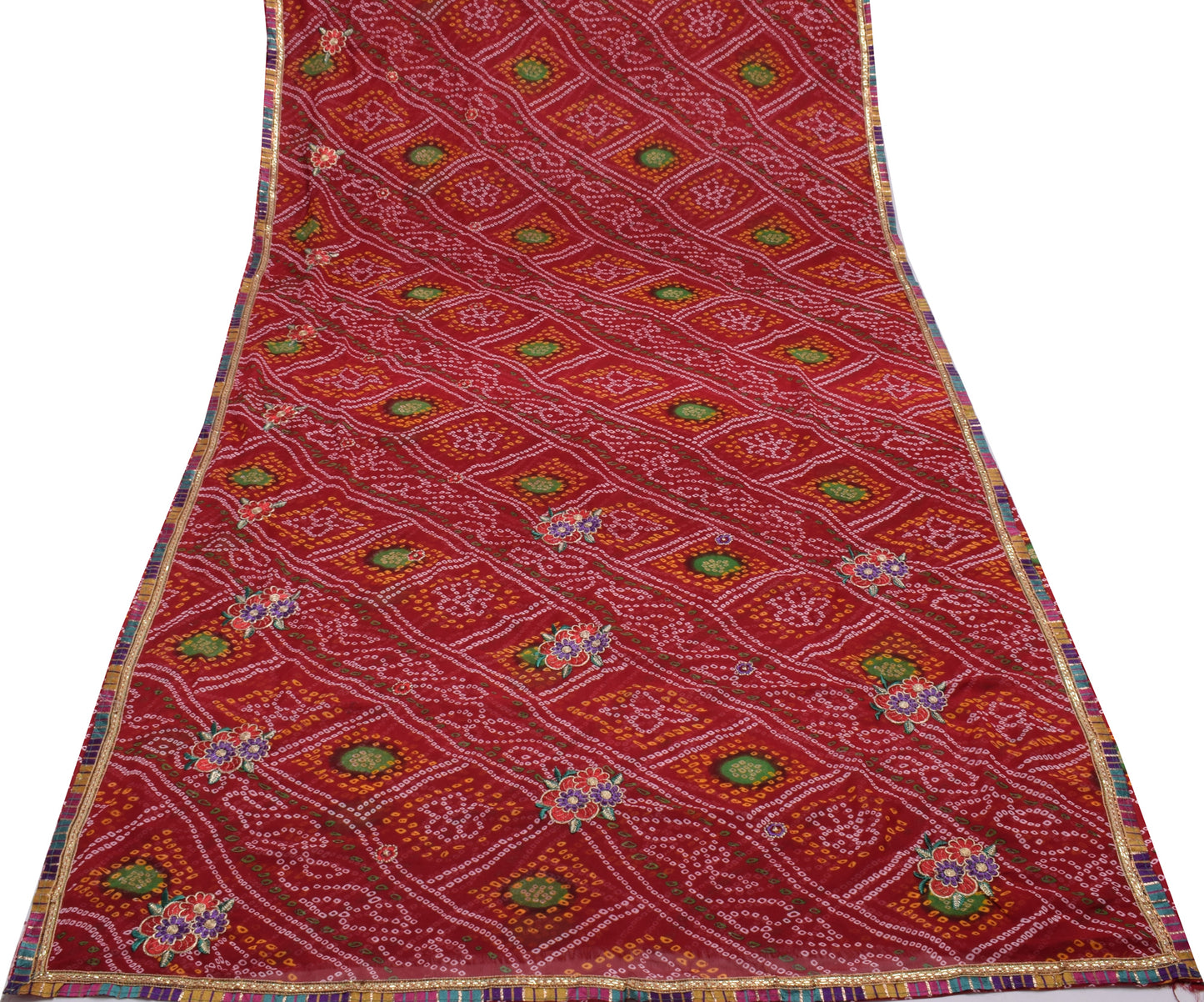 Sushila Vintage Red Saree 100% Pure Georgette Silk Bandhani Printed Craft Fabric