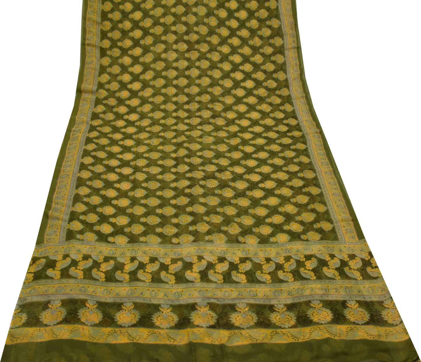 Sushila Vintage Green Saree 100% Pure Georgette Silk Printed Floral Craft Fabric