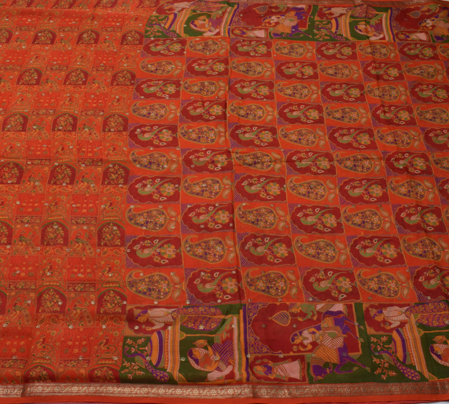 Sushila Vintage Orange Sari 100% Pure Georgette Silk Printed 5 Yard Craft Fabric