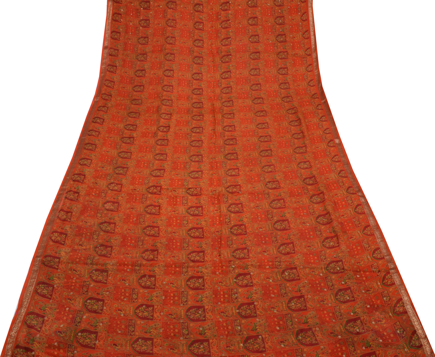 Sushila Vintage Orange Sari 100% Pure Georgette Silk Printed 5 Yard Craft Fabric