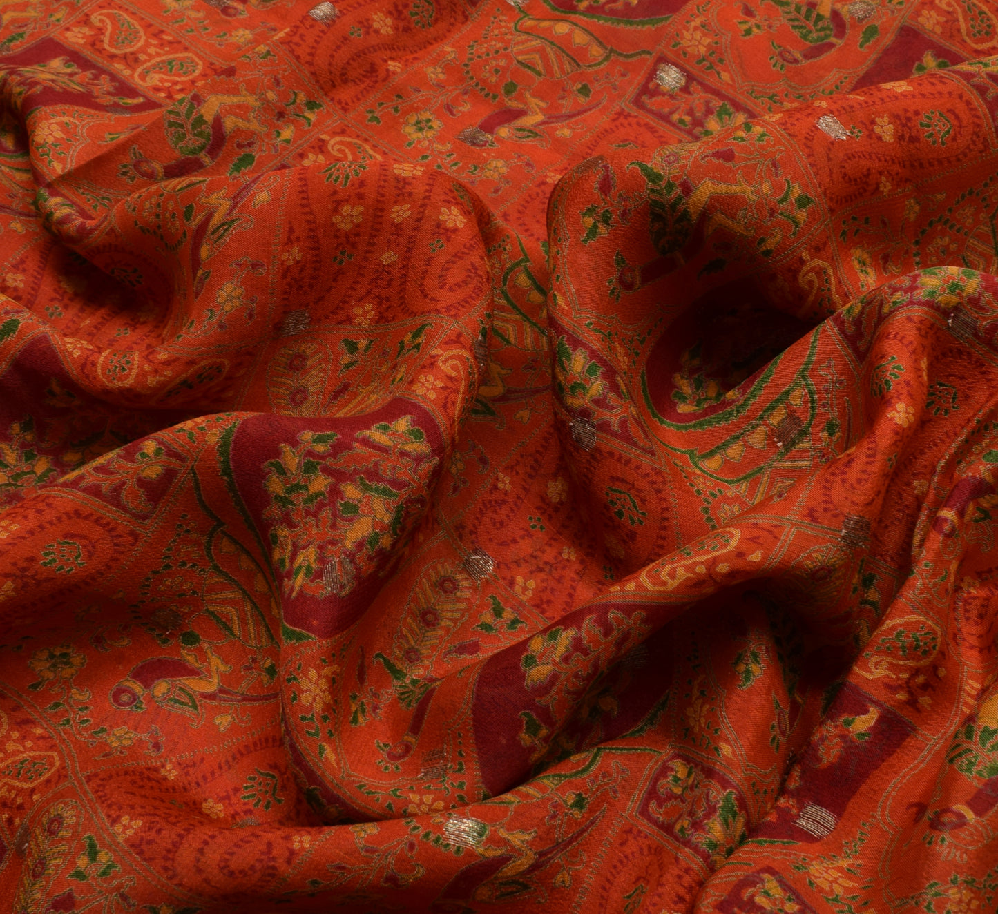 Sushila Vintage Orange Sari 100% Pure Georgette Silk Printed 5 Yard Craft Fabric