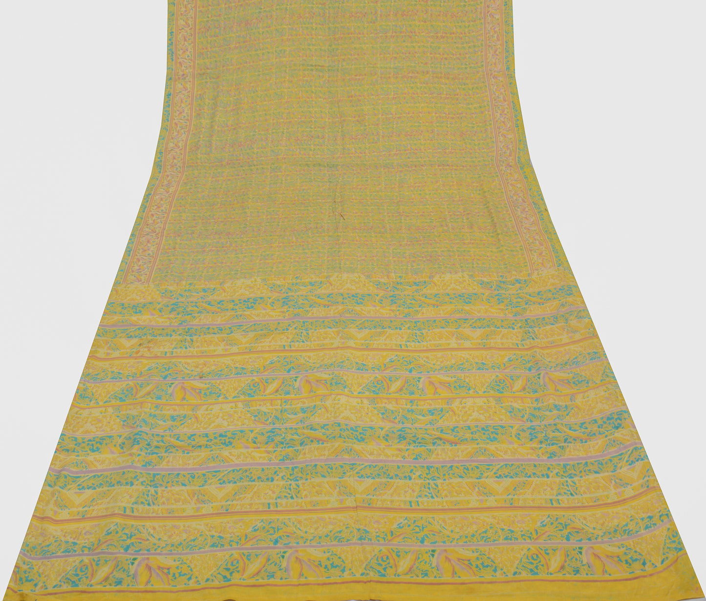 Sushila Vintage Yellow Sari 100% Pure Georgette Silk Printed Floral Craft Fabric