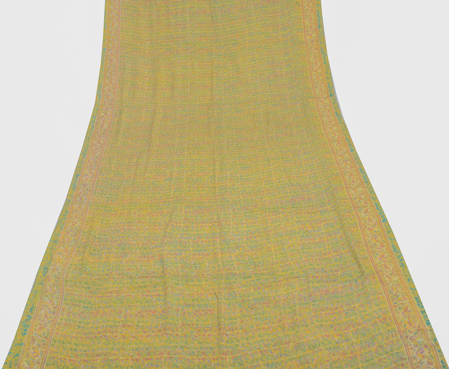 Sushila Vintage Yellow Sari 100% Pure Georgette Silk Printed Floral Craft Fabric