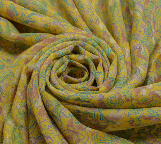 Sushila Vintage Yellow Sari 100% Pure Georgette Silk Printed Floral Craft Fabric