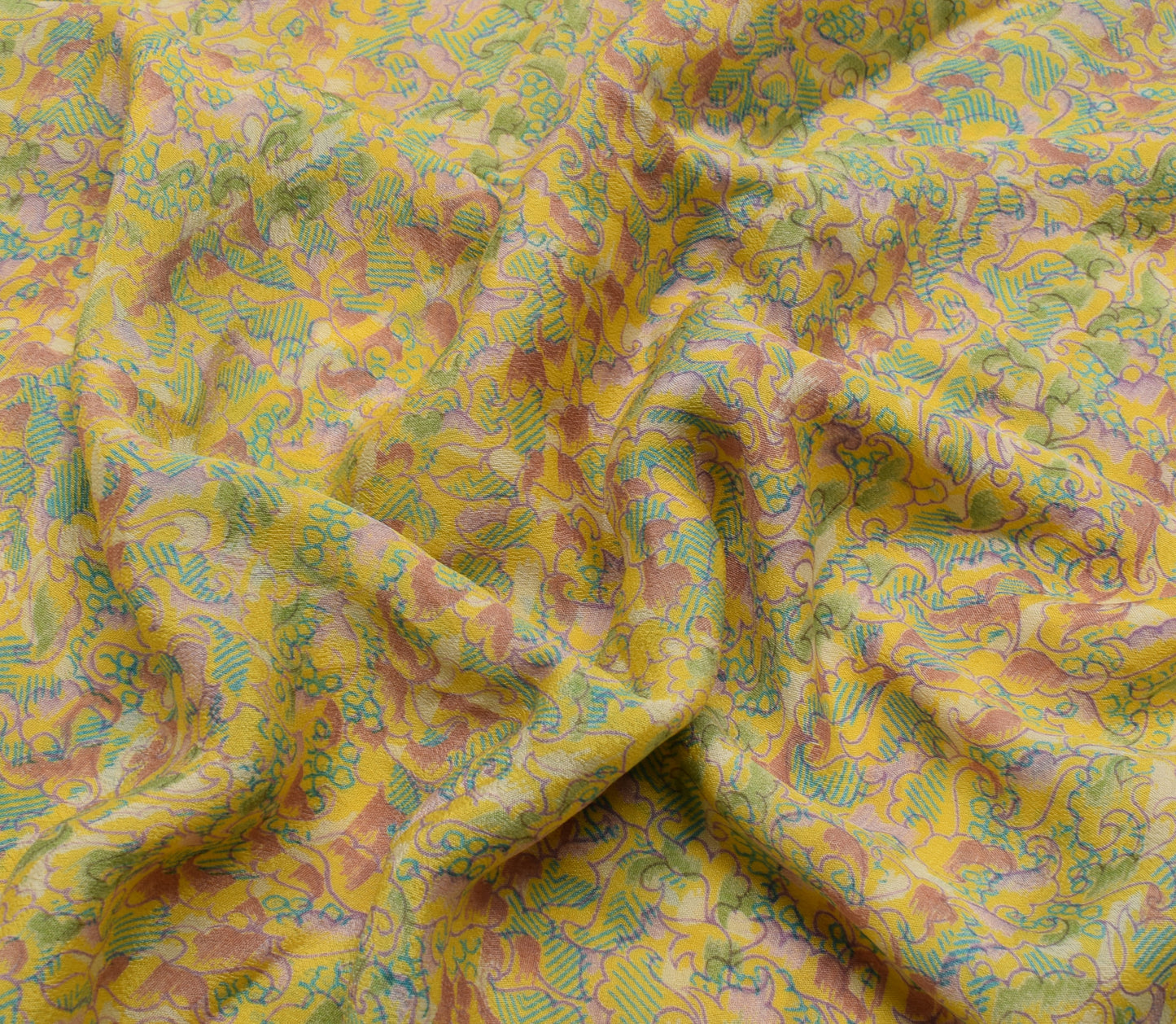 Sushila Vintage Yellow Sari 100% Pure Georgette Silk Printed Floral Craft Fabric