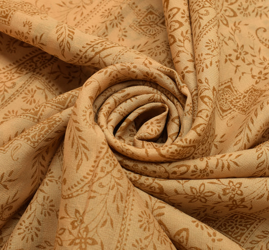 Sushila Vintage Light Brown Sari Pure Georgette Silk Printed Floral Craft Fabric