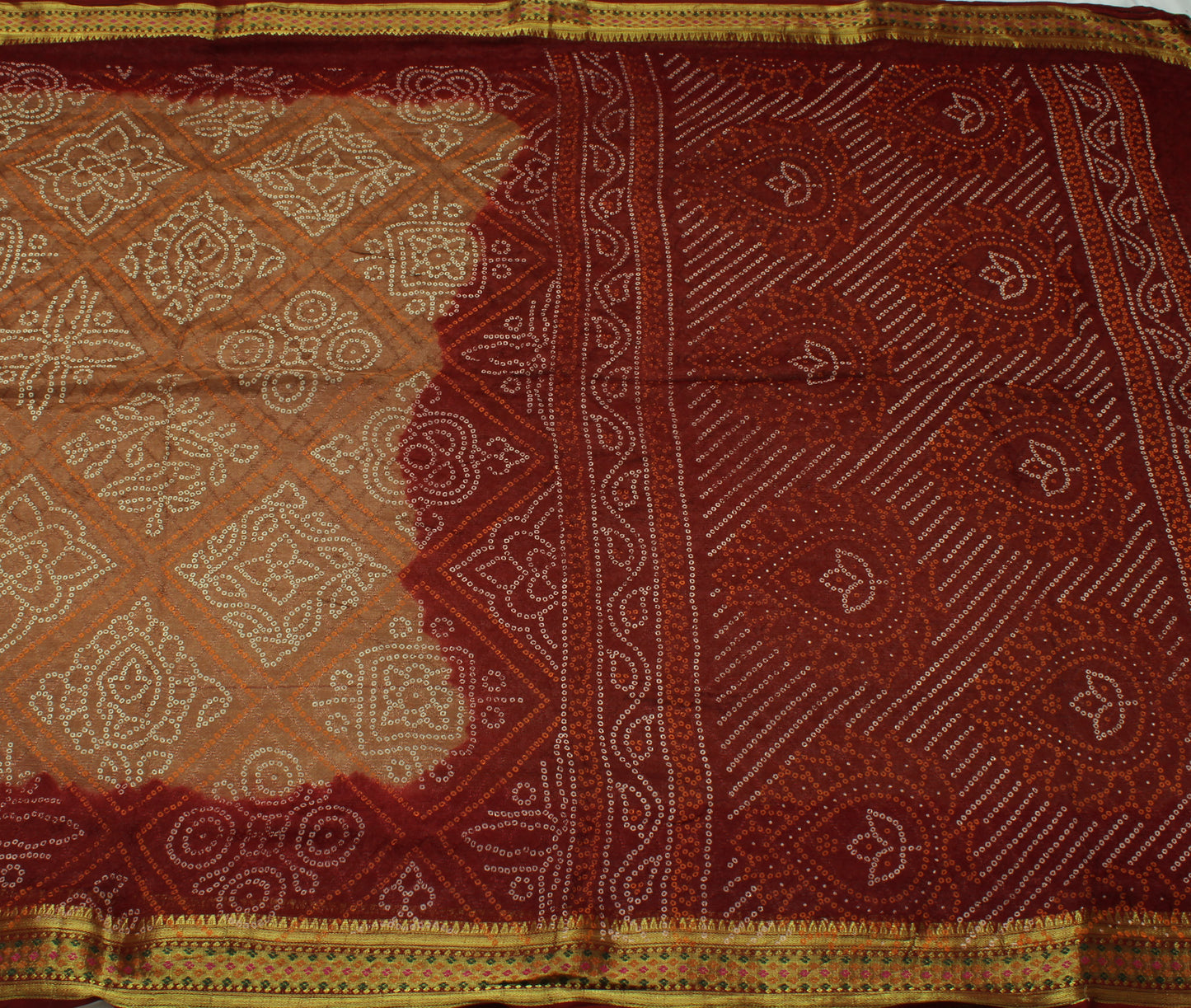 Sushila Vintage Brown Saree Pure Georgette Silk Bandhani Printed Craft Fabric