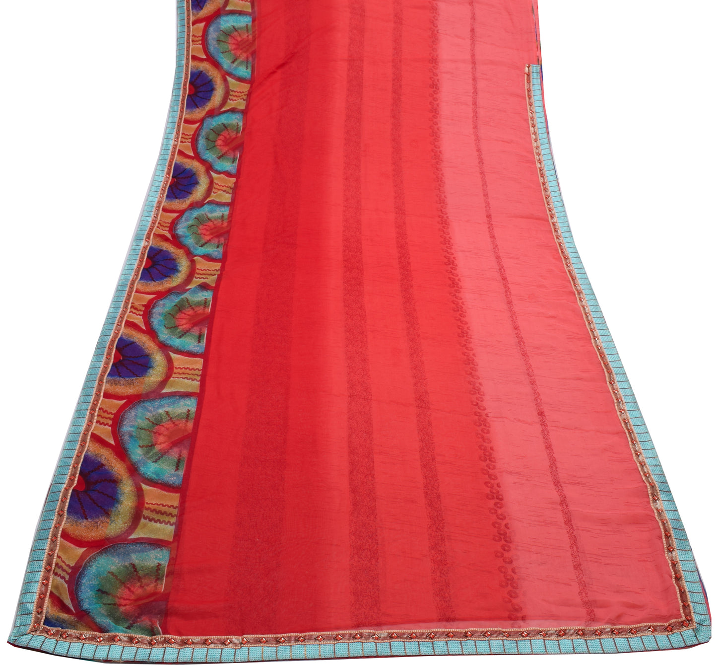 Sushila Vintage Red Indian Saree Blend Georgette Silk Printed 5 YD Craft Fabric