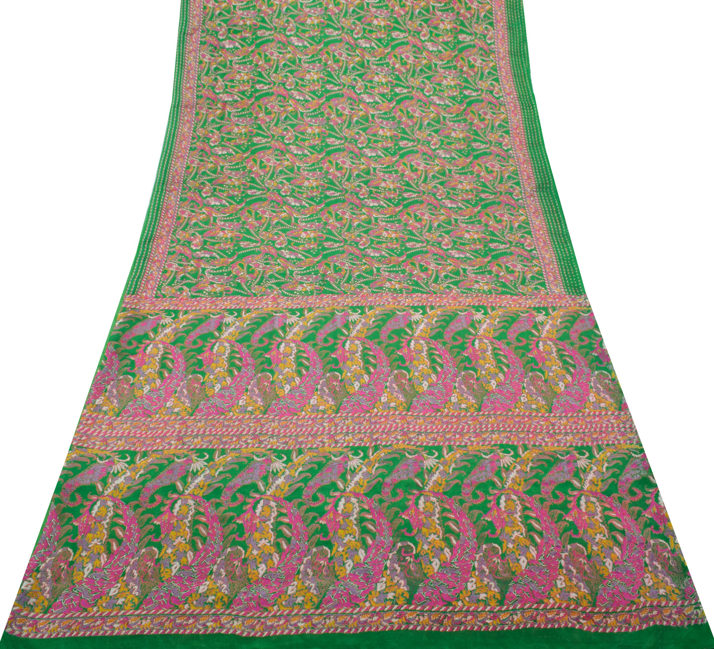 Sushila Vintage Green Saree 100% Pure Silk Printed 5 Yard Soft Craft Fabric