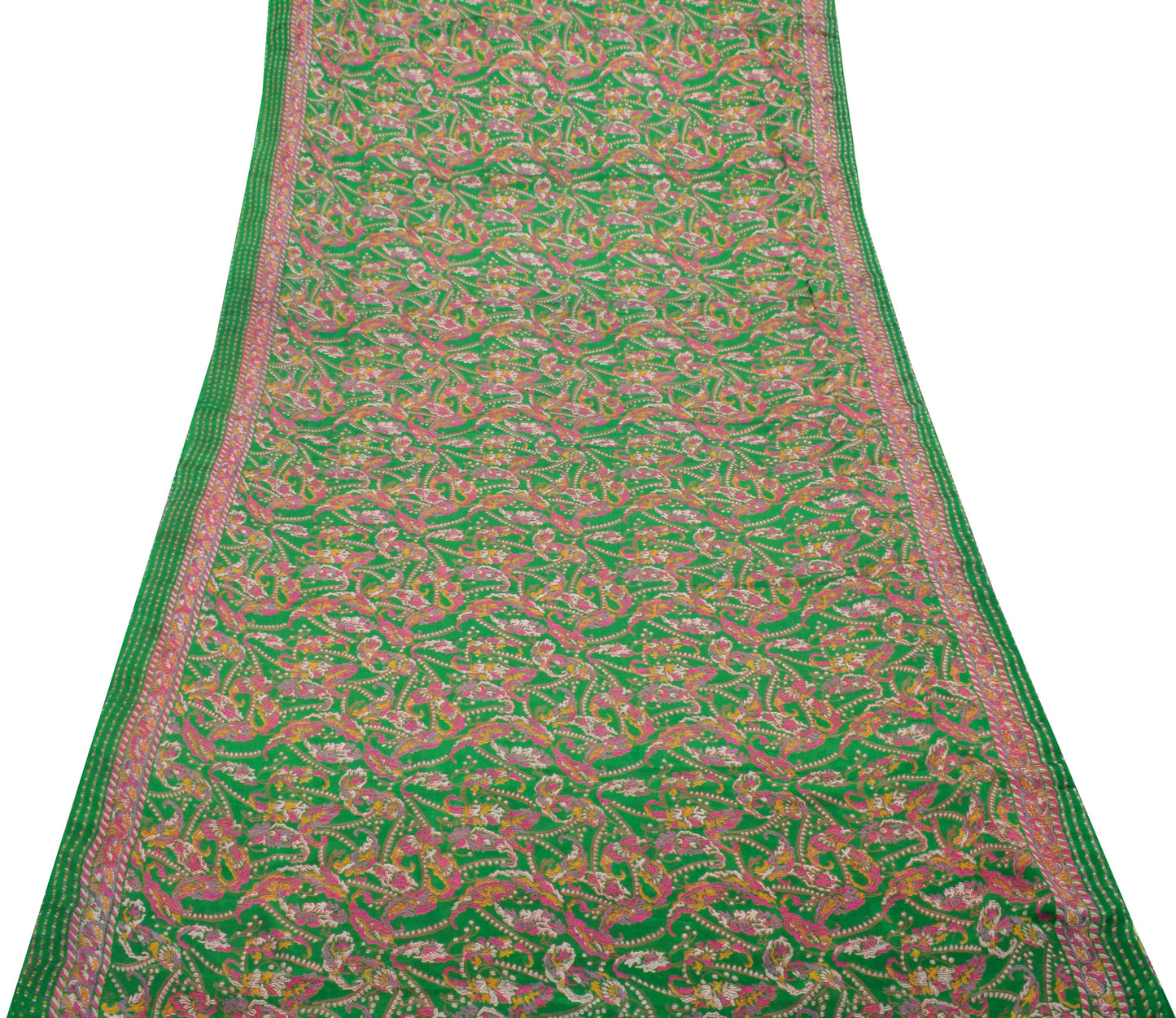 Sushila Vintage Green Saree 100% Pure Silk Printed 5 Yard Soft Craft Fabric