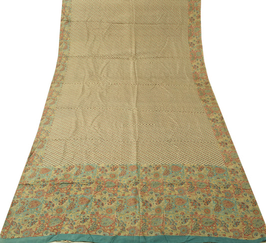 Sushila Vintage Cream Saree 100% Pure Silk Printed Floral 5 YD Soft Craft Fabric