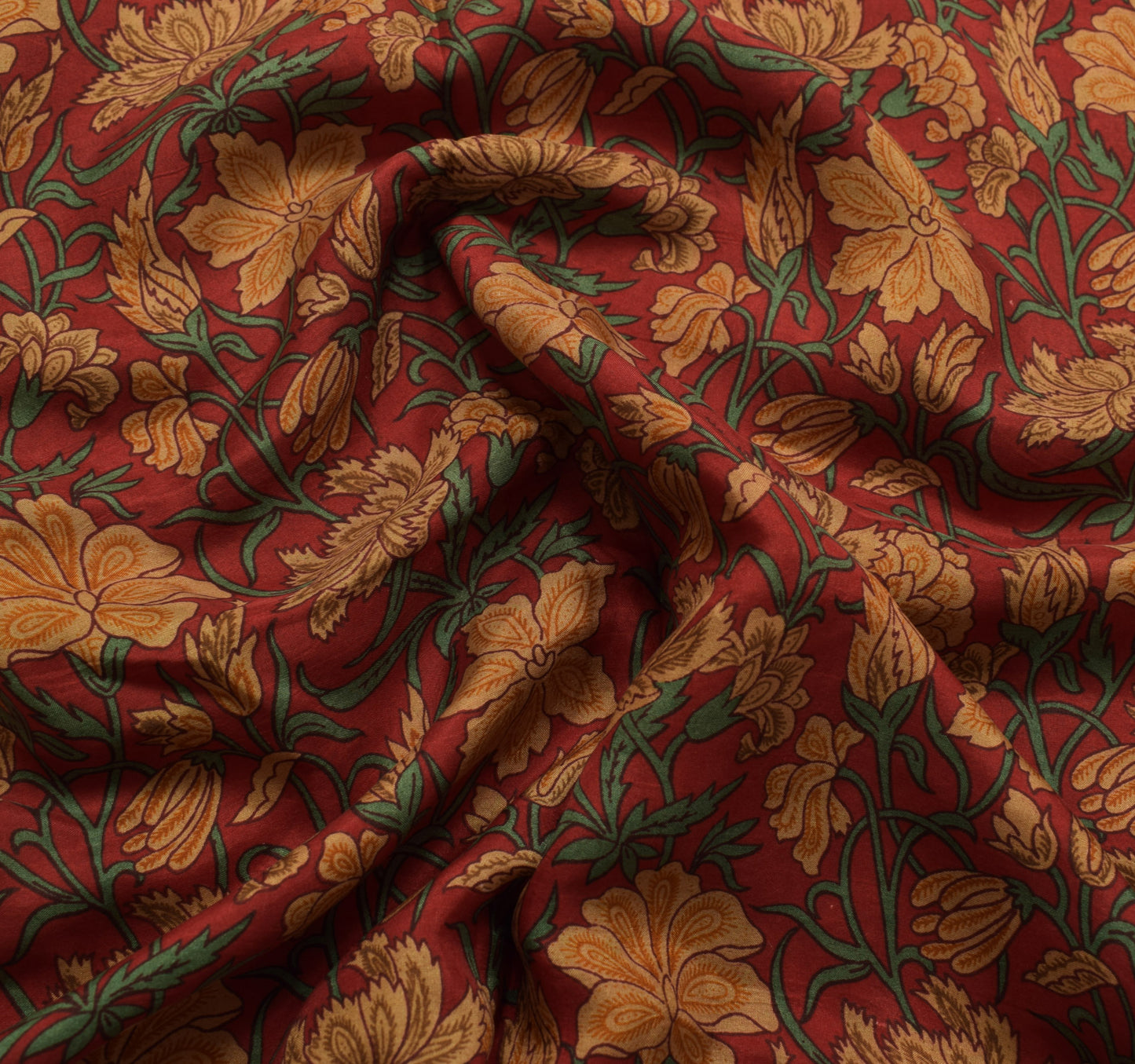 Sushila Vintage Dark Red Saree 100% Pure Silk Printed Floral Soft Craft Fabric